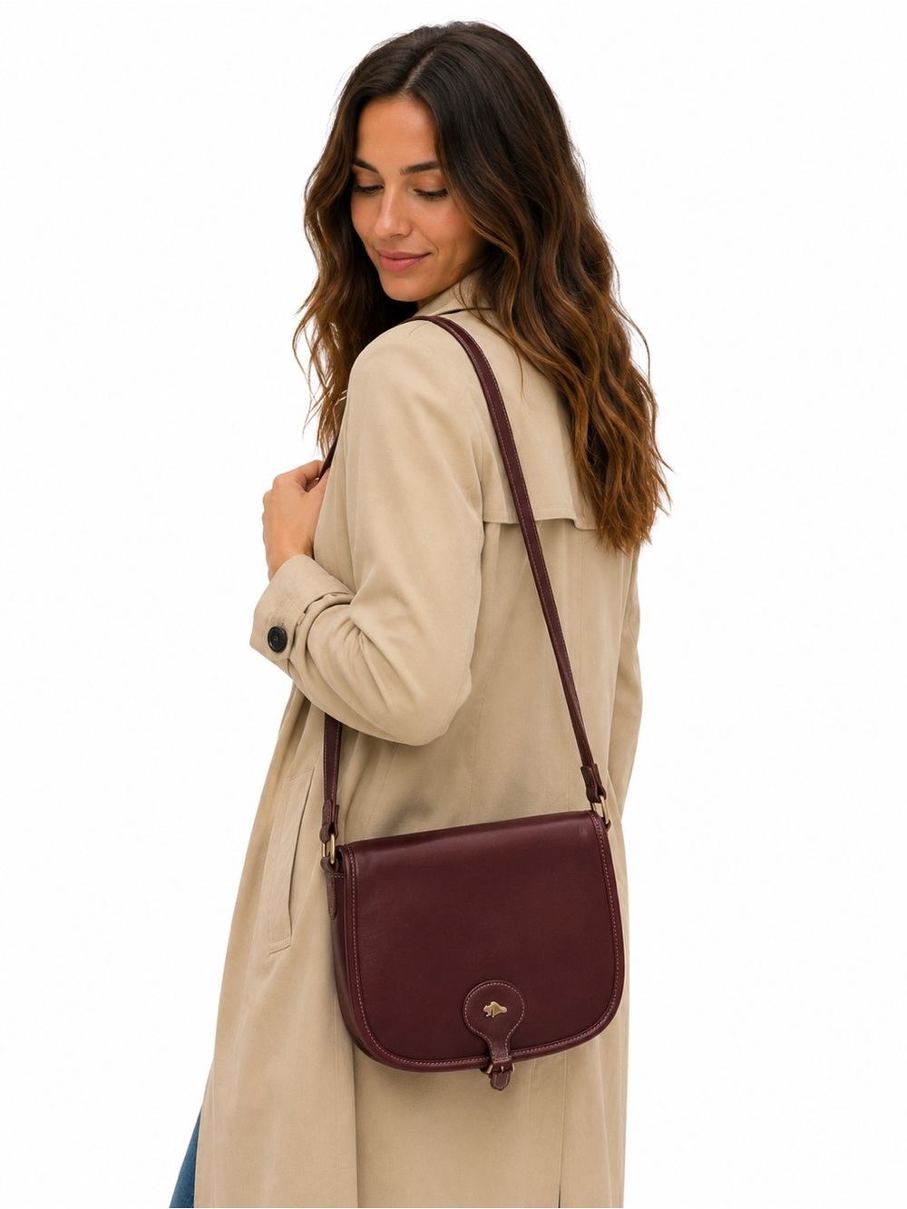 Roots Women's Burgundy Leather Crossbody Saddle Bag with back Zip Pocket